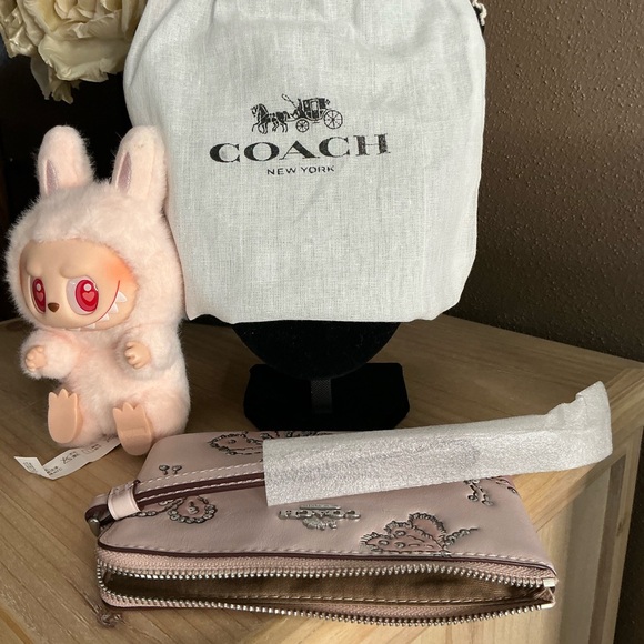 Coach Blush Butterfly Rivets Corner Zip Wristlet plus a Pop Mart lil’ Monster - Picture 4 of 15